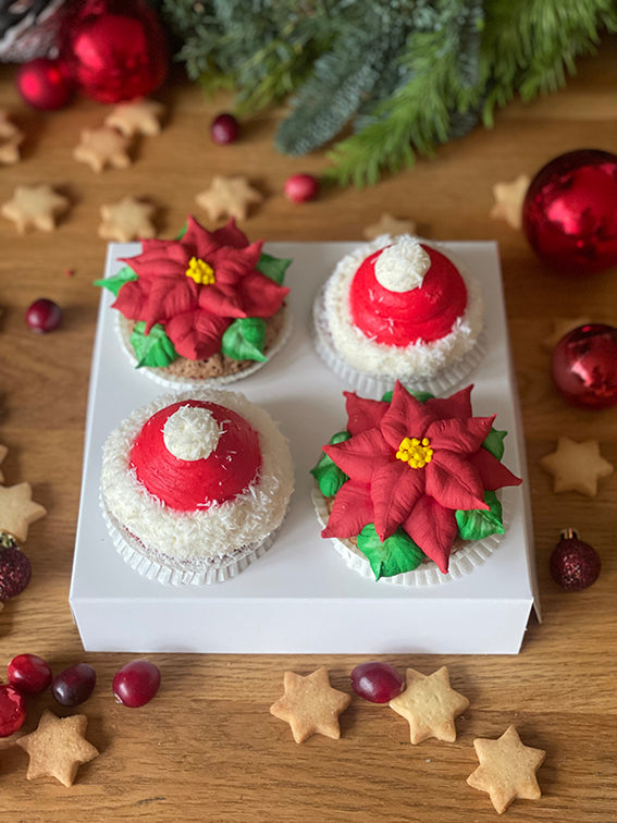 Cupcake-4er-Set: Weihnachtsstern & Weihnachtsmütze